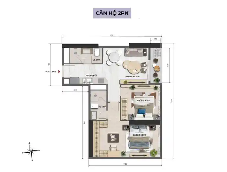 Sơ đồ căn hai phòng ngủ Lakeside Gardens dùng xác định vị trí nội thất